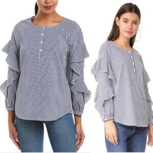 Splendid Blouse Top $128 Ruffle Balloon Sleeves Striped sz L Resort Casual Boho